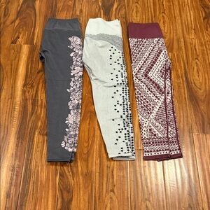 Fabletics Women's Leggings Trio - Floral Gray, Starry White, Geometric Burgundy